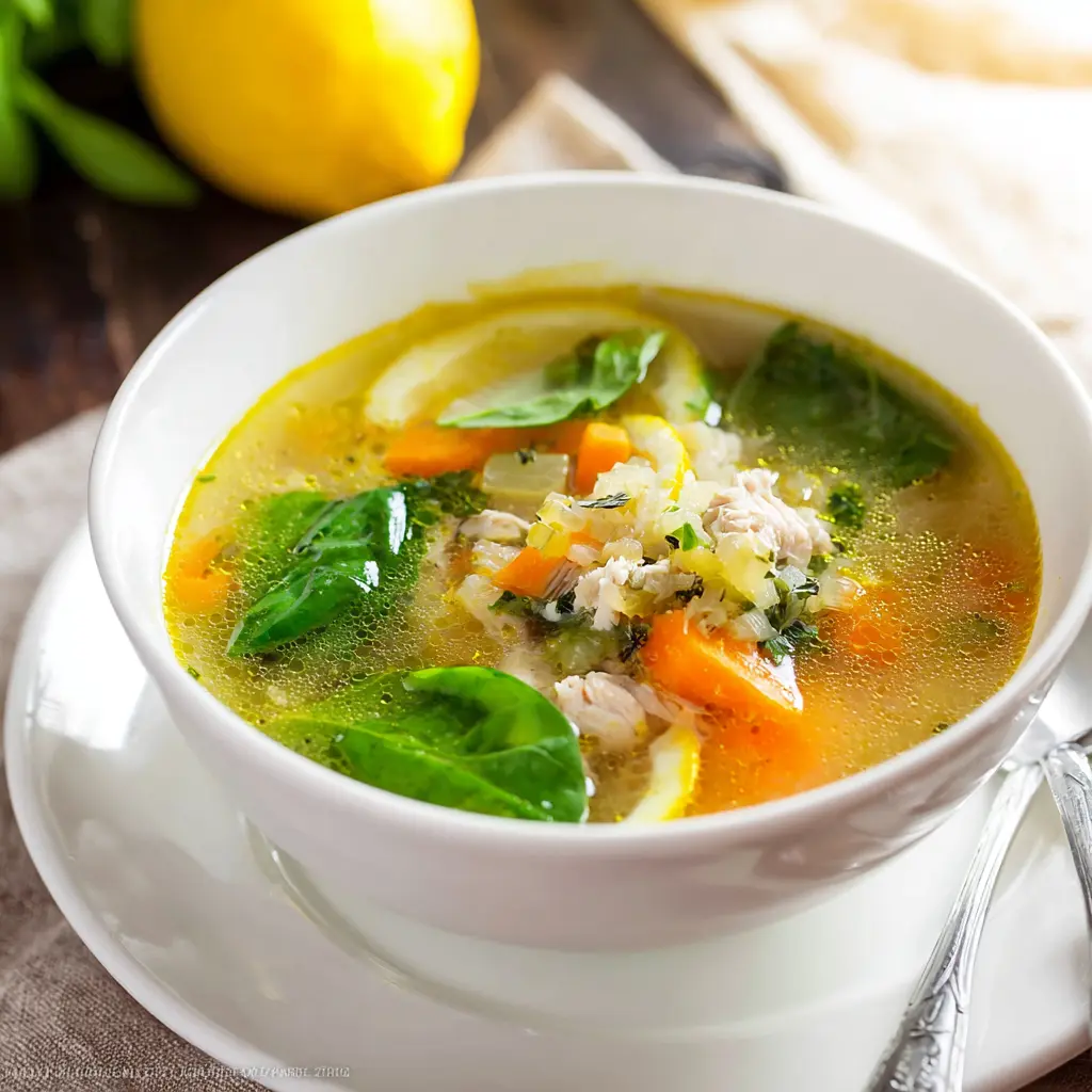 Lemon Chicken Soup recipe, served and ready to eat, easy homemade dinner