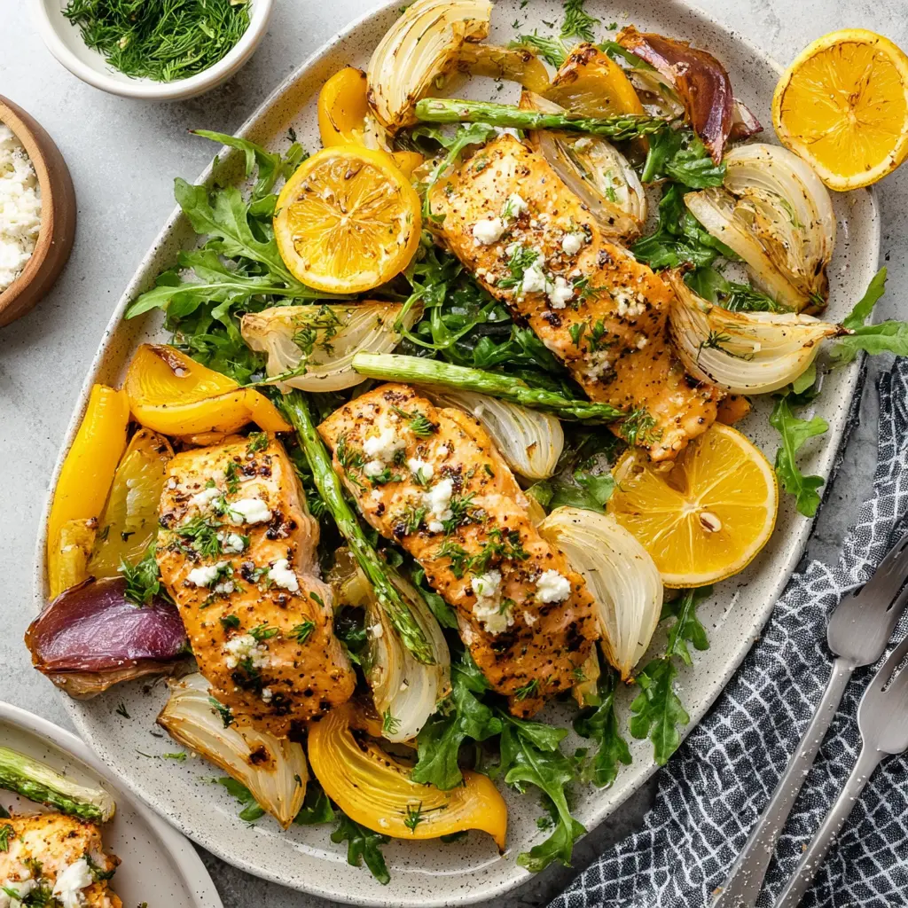 Lemon Garlic Salmon Sheet Pan recipe, served and ready to eat, easy homemade dinner