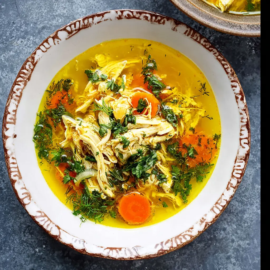Lemon Ginger Turmeric Chicken Soup recipe, served and ready to eat, easy homemade dish