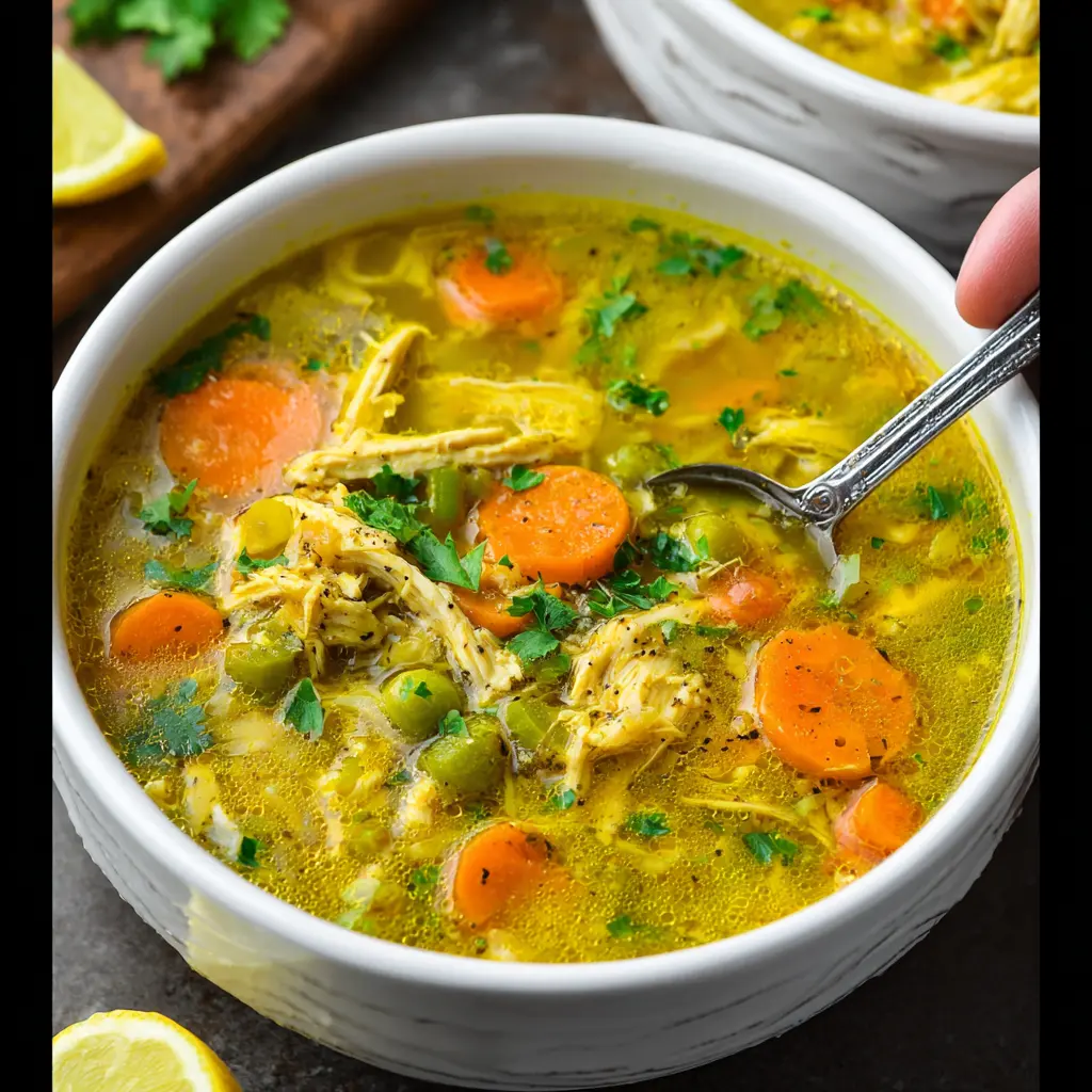 Lemon Turmeric Chicken Soup recipe, served and ready to eat, easy homemade dinner