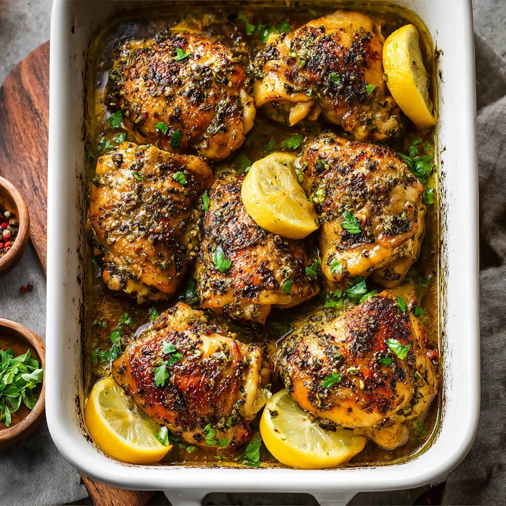 Mediterranean Baked Chicken Lemon Herb recipe, served and ready to eat, easy homemade dish