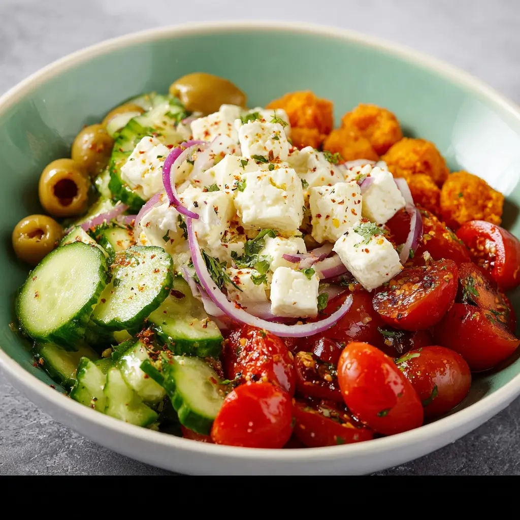 Mediterranean Bowl Cucumber Feta recipe, served and ready to eat, easy homemade dish