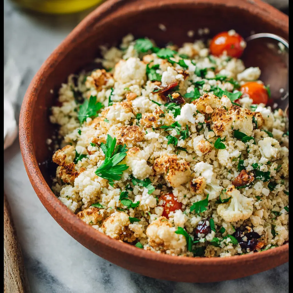 Mediterranean Cauliflower Rice Bowl recipe, served and ready to eat, easy homemade dinner