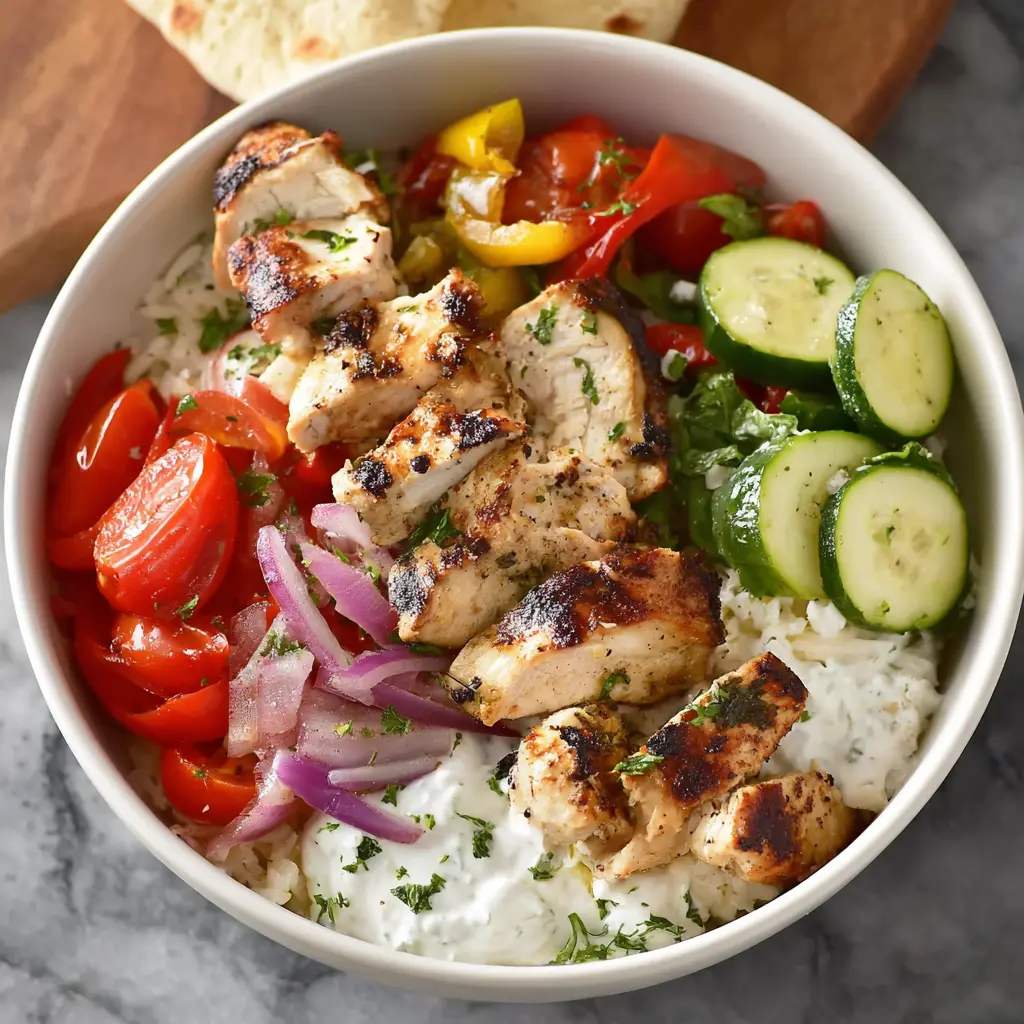 Mediterranean Chicken Souvlaki Bowl recipe, served and ready to eat, easy homemade dinner