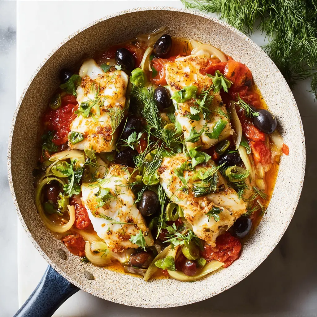Mediterranean Cod Fennel Olives recipe, served and ready to eat, easy homemade dish