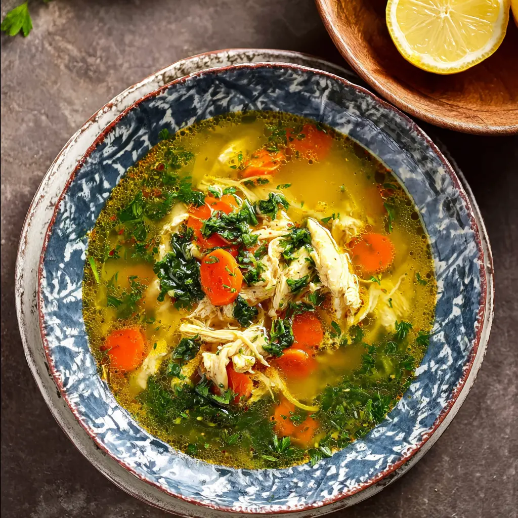 Mediterranean Lemon Chicken Soup recipe, served and ready to eat, easy homemade dish