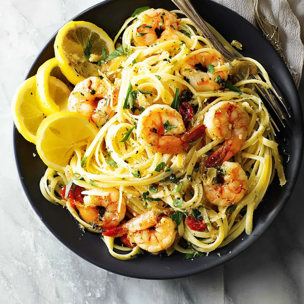 MEDITERRANEAN LEMON SHRIMP PASTA recipe, served and ready to eat, easy homemade dinner