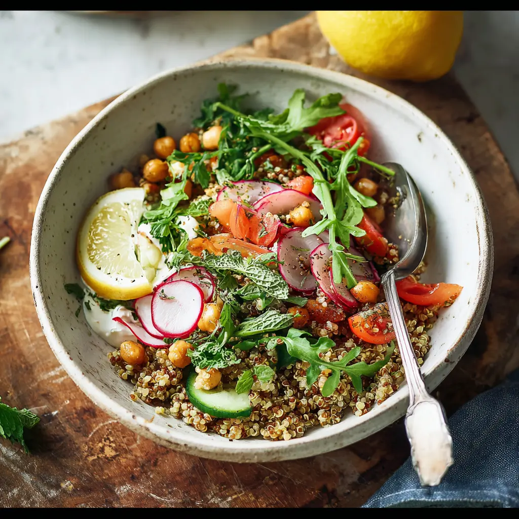 Mediterranean Quinoa Glow Bowl Lemon Herb recipe, served and ready to eat, easy homemade dinner