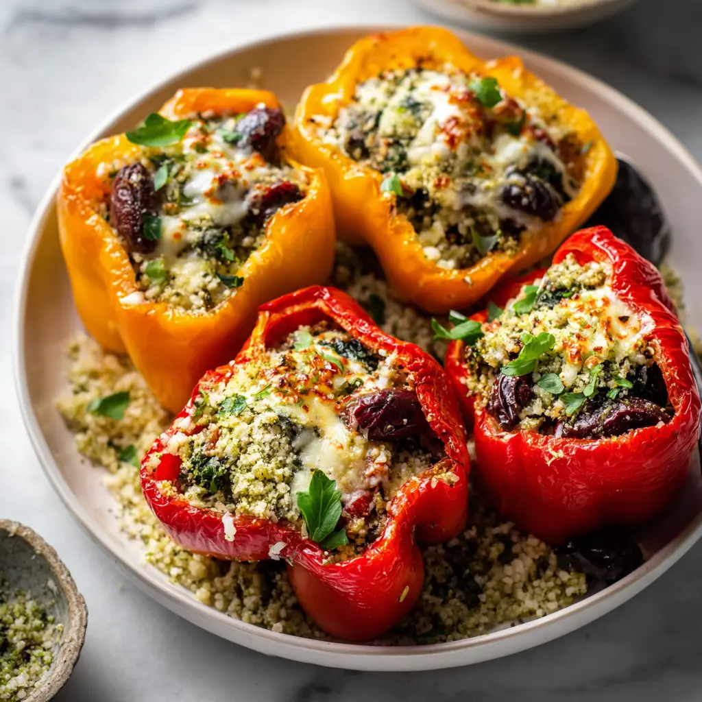 Mediterranean Stuffed Bell Peppers recipe, served and ready to eat, easy homemade dinner