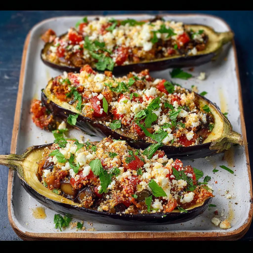 Mediterranean Stuffed Eggplant recipe, served and ready to eat, easy homemade dinner