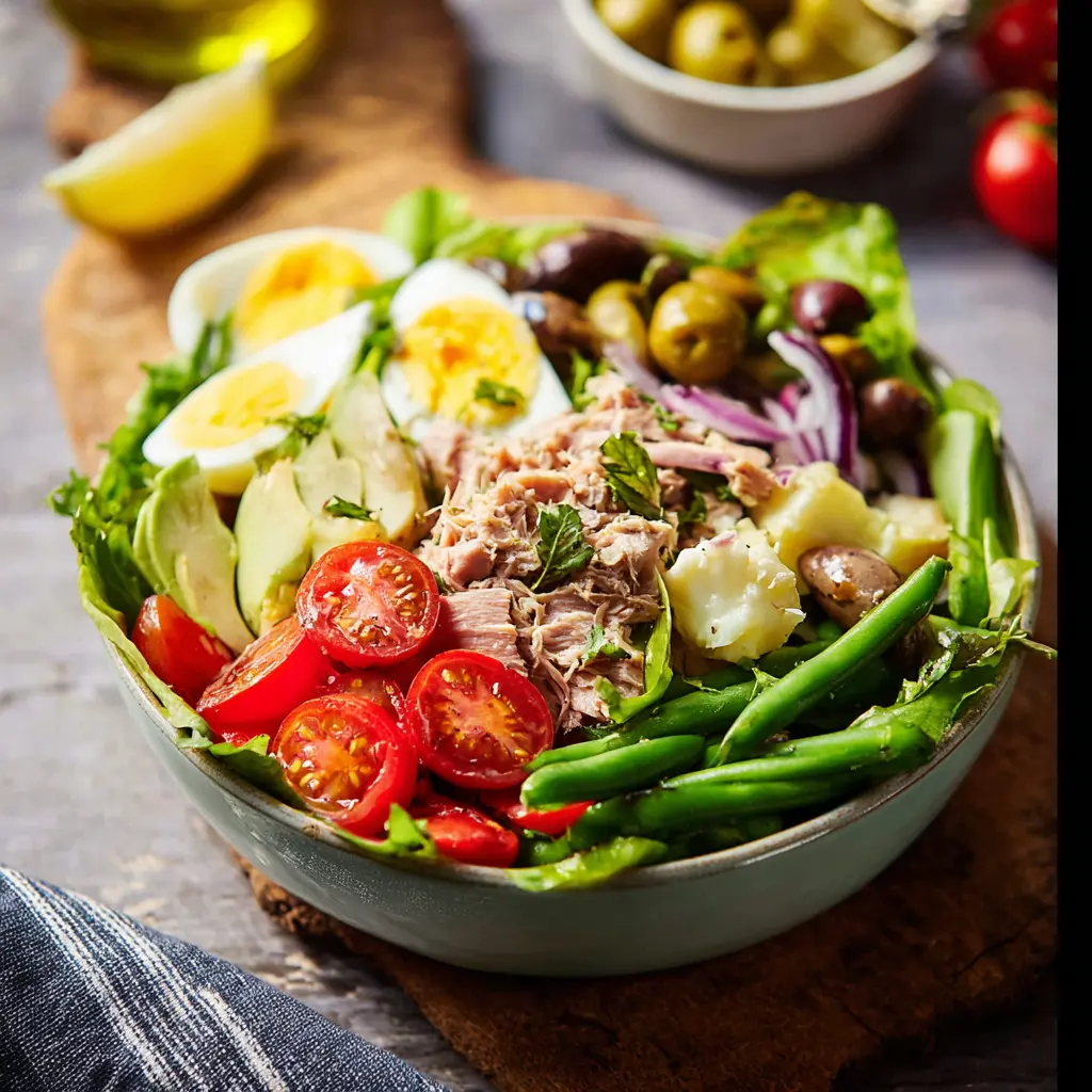 MEDITERRANEAN TUNA NICOISE BOWL recipe, served and ready to eat, easy homemade dinner