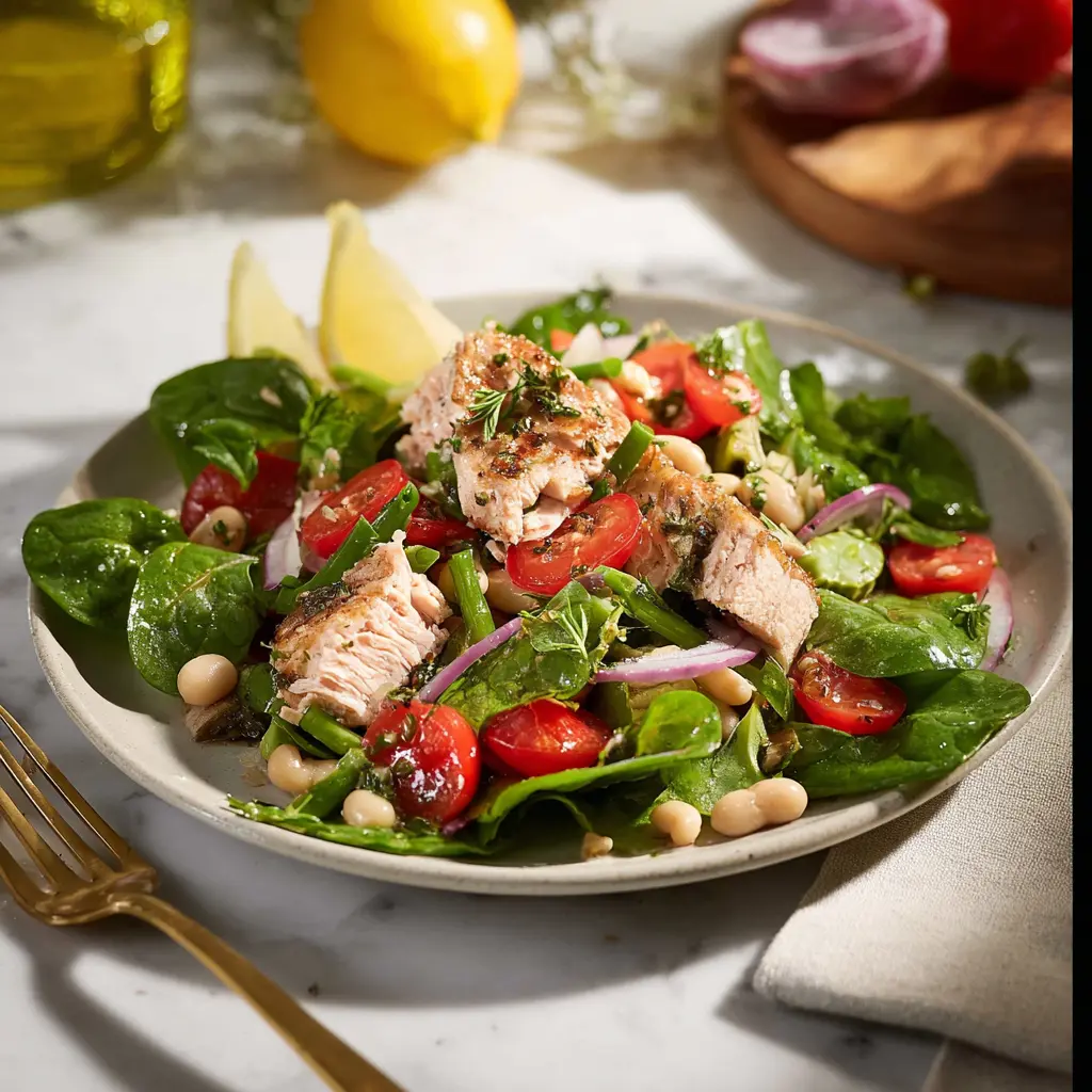 Mediterranean Tuna White Bean Salad recipe, served and ready to eat, easy homemade dinner