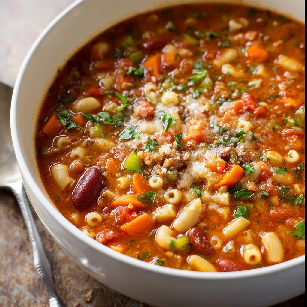 Pasta Fagioli Soup recipe, served and ready to eat, easy homemade dinner