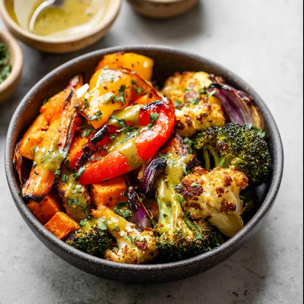Roasted Vegetable Harvest Bowl recipe, served and ready to eat, easy homemade dinner