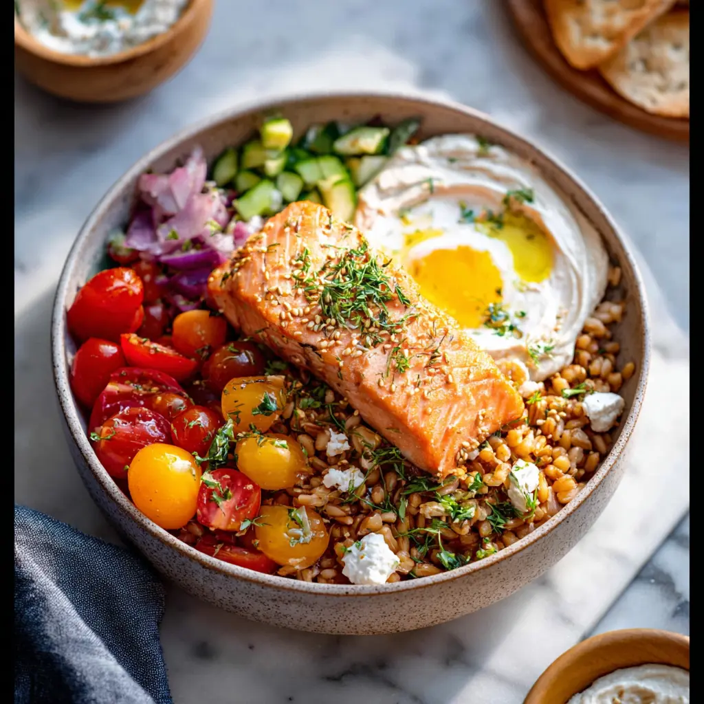 Salmon Farro Bowl Tahini recipe, served and ready to eat, easy homemade dish