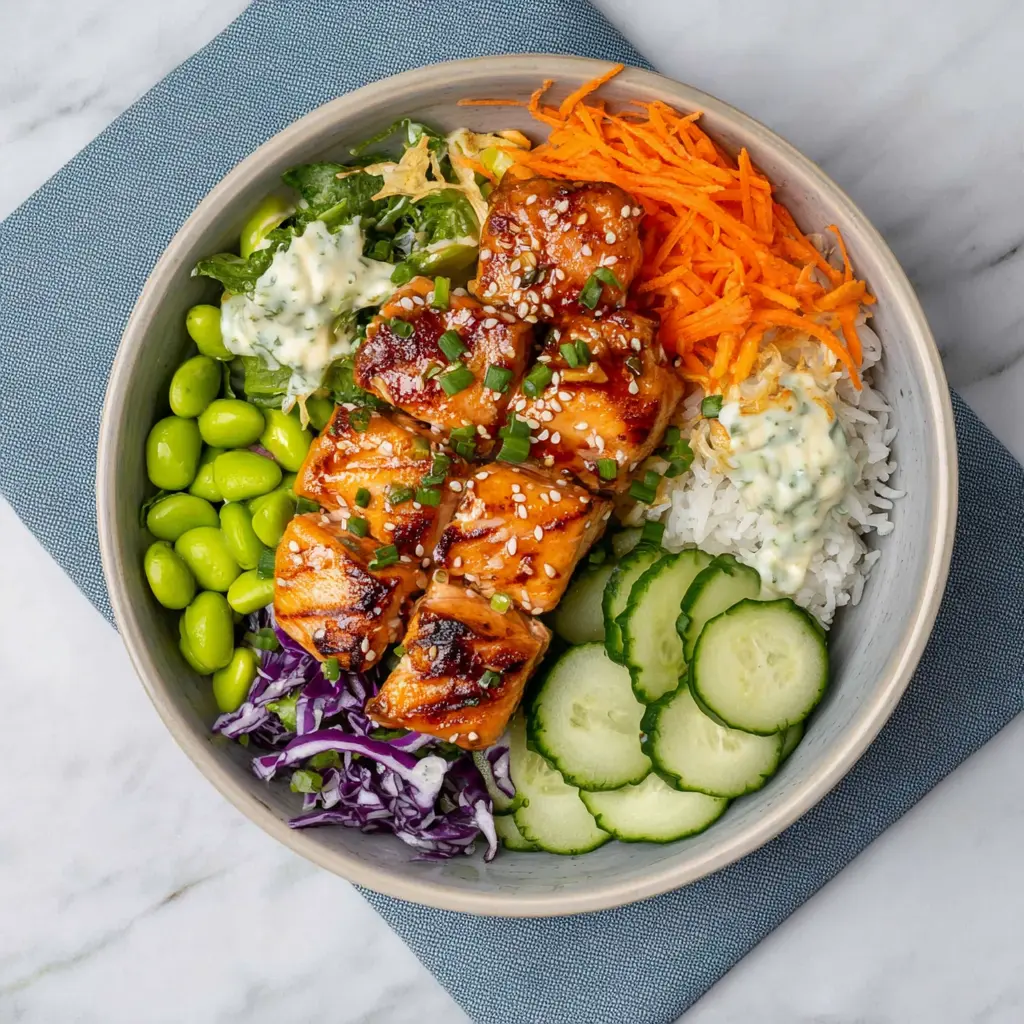 SALMON NOURISH BOWL ANTI INFLAMMATORY DRESSING recipe, served and ready to eat, easy homemade dish