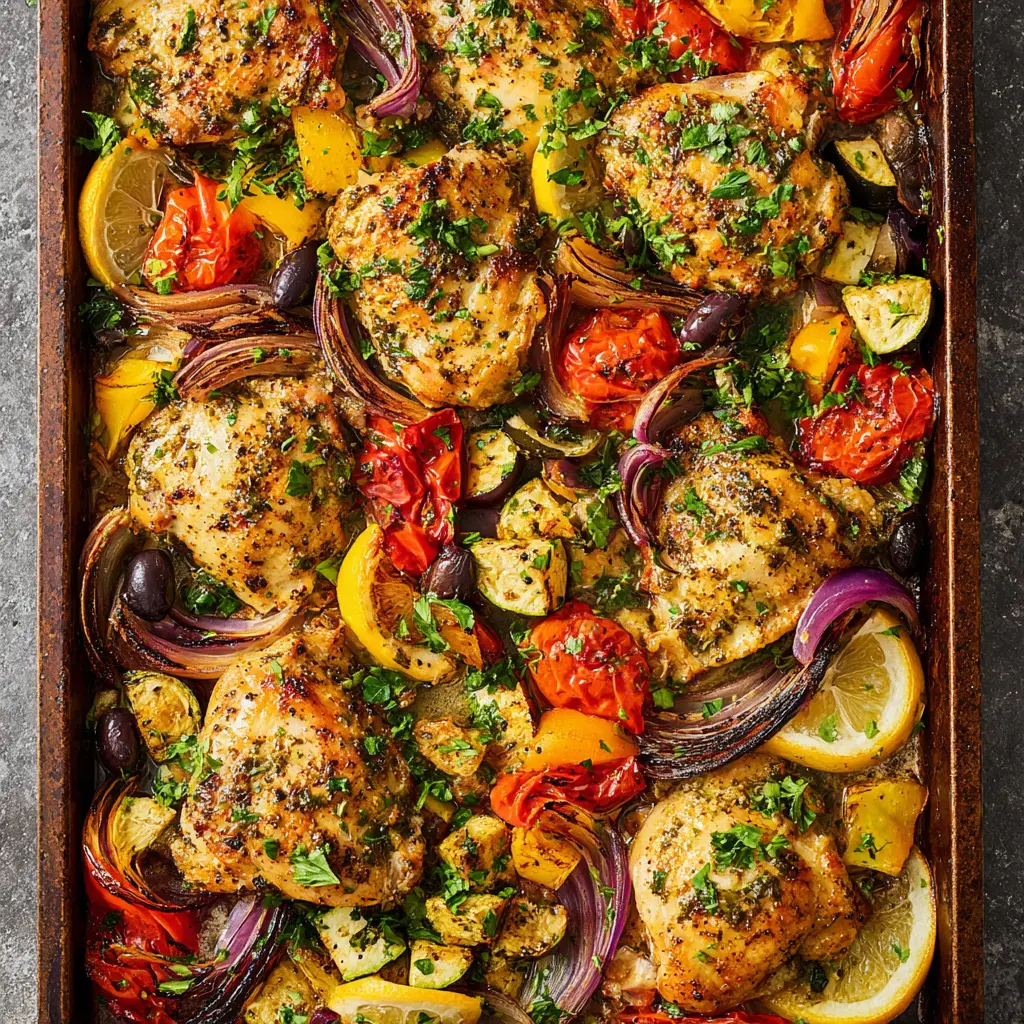 Sheet Pan Lemon Mediterranean Chicken recipe, served and ready to eat, easy homemade dinner