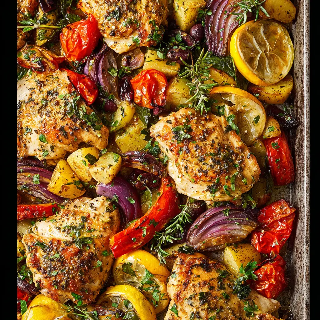 Sheet Pan Mediterranean Chicken Lemon recipe, served and ready to eat, easy homemade dinner