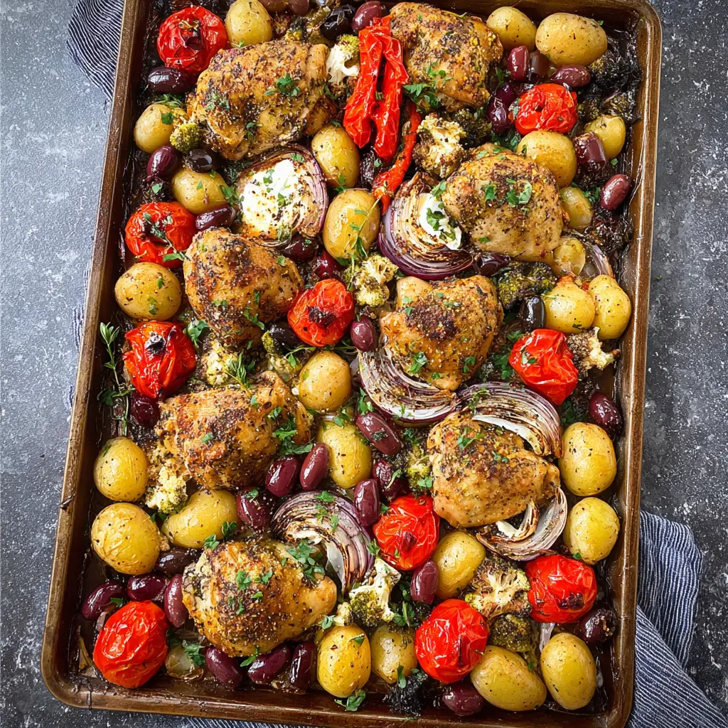 Sheet Pan Mediterranean Chicken Vegetables recipe, served and ready to eat, easy homemade dish