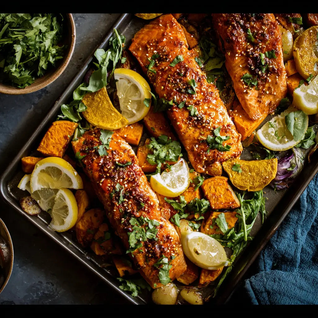 Sheet Pan Turmeric Salmon Sweet Potatoes Made Vibrant and Easy 2 Sheet Pan Turmeric Salmon Sweet Potatoes recipe, served and ready to eat, easy homemade dinner
