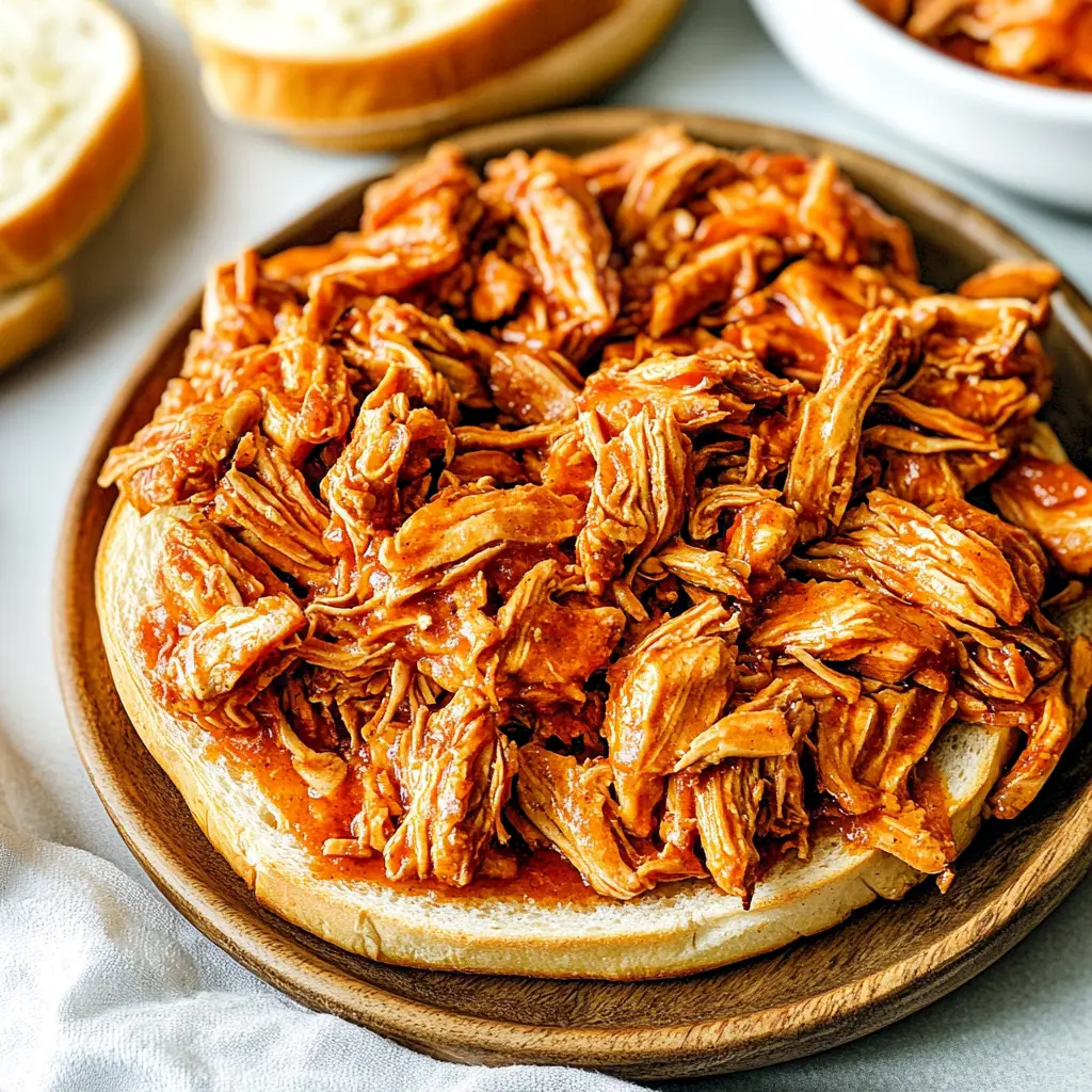 SLOW COOKER PULLED CHICKEN SANDWICHES recipe, served and ready to eat, easy homemade dinner