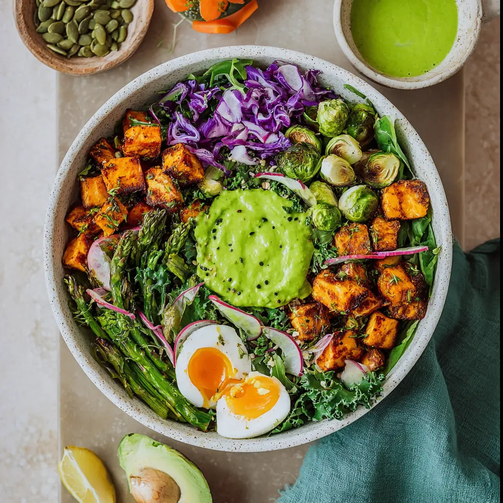 Spring Gut Health Green Goddess Bowl recipe, served and ready to eat, easy homemade dinner