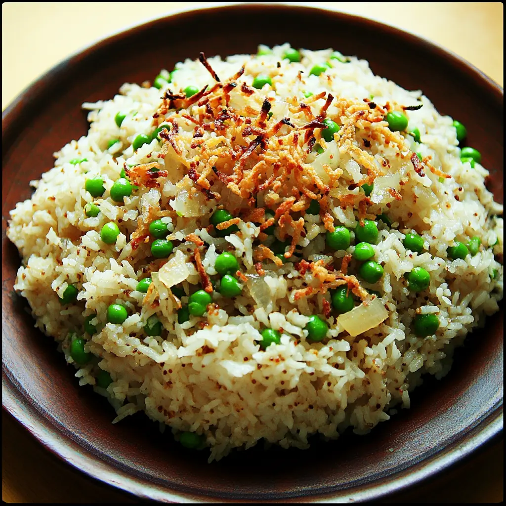 Spring Pea Pulao Rice Crispy Shallots Vibrant Fresh Dinner 2 Spring Pea Pulao Rice Crispy Shallots recipe, served and ready to eat, easy homemade dinner