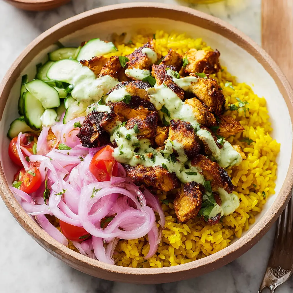 Sumac Chicken Golden Rice Nourish Bowl Your New Vibrant Easy Dinner 2 Sumac Chicken Golden Rice Nourish Bowl recipe, served and ready to eat, easy homemade dinner