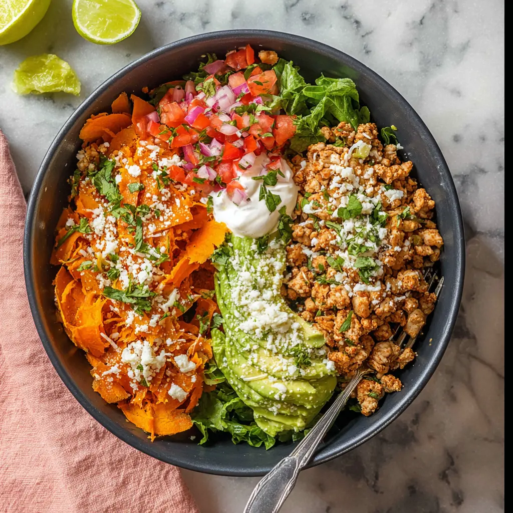 Sweet Potato Taco Bowl Ground Turkey recipe, served and ready to eat, easy homemade dinner