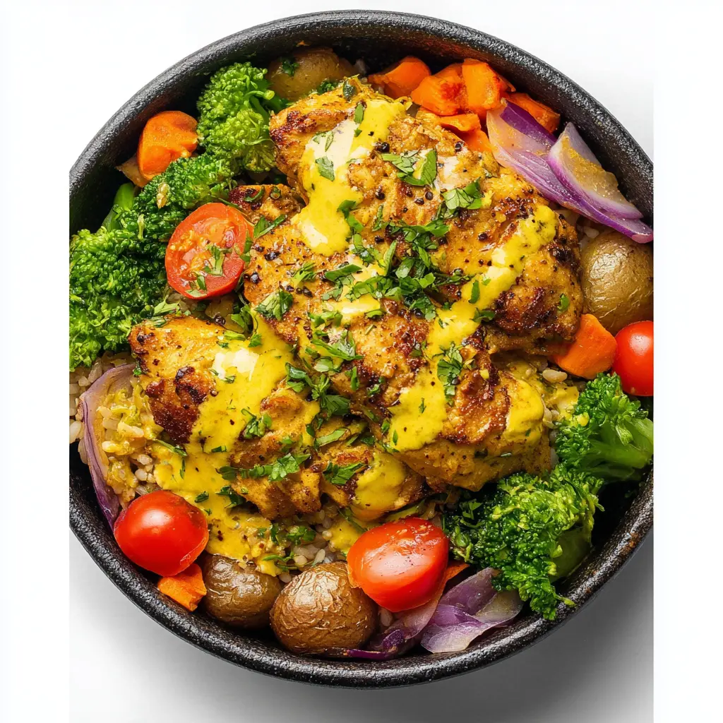 Turmeric Chicken Bowl recipe, served and ready to eat, easy homemade dish