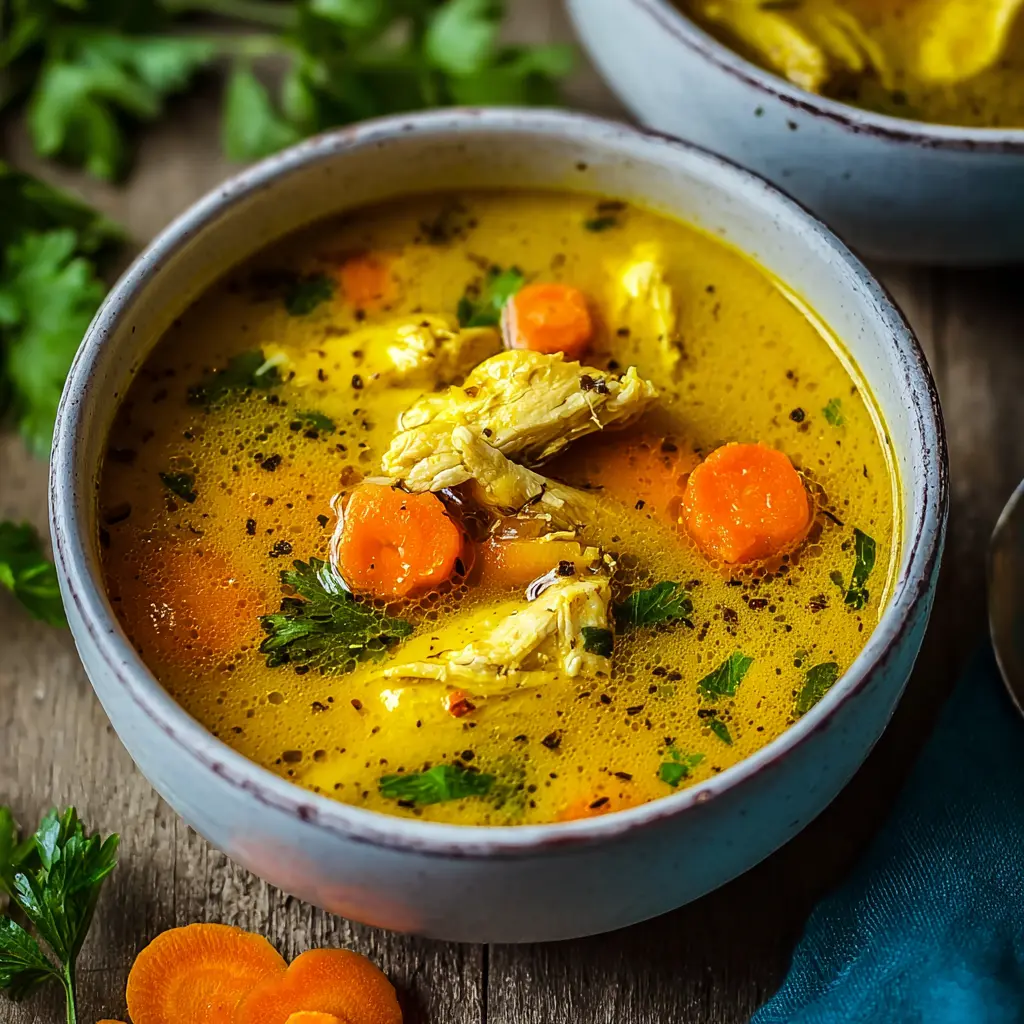 Turmeric Chicken Soup recipe, served and ready to eat, easy homemade dinner