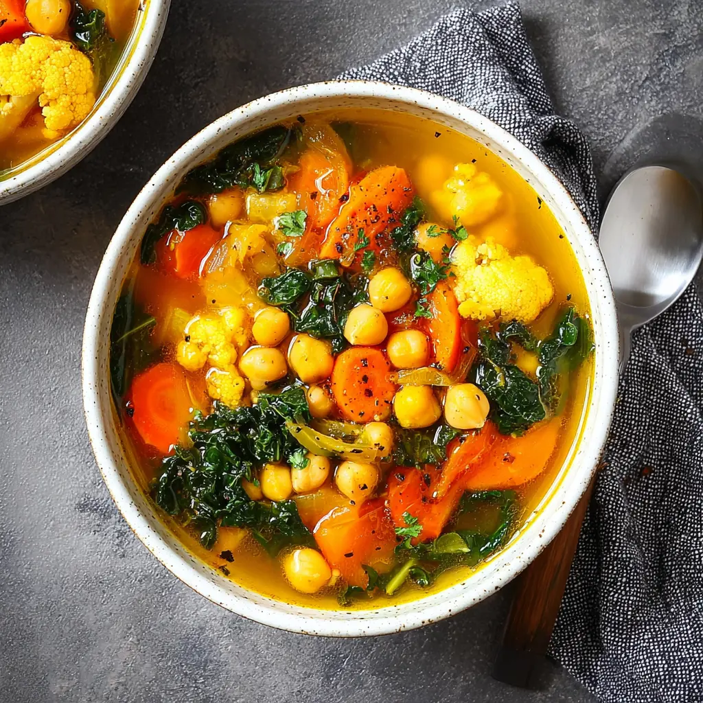 Turmeric Chickpea Soup recipe, served and ready to eat, easy homemade dish
