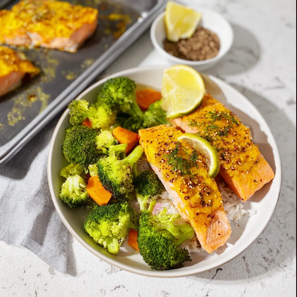 Turmeric Ginger Salmon Roasted Broccoli Bowl Recipe Made Fresh 2 Turmeric Ginger Salmon Roasted Broccoli Bowl recipe, served and ready to eat, easy homemade dinner