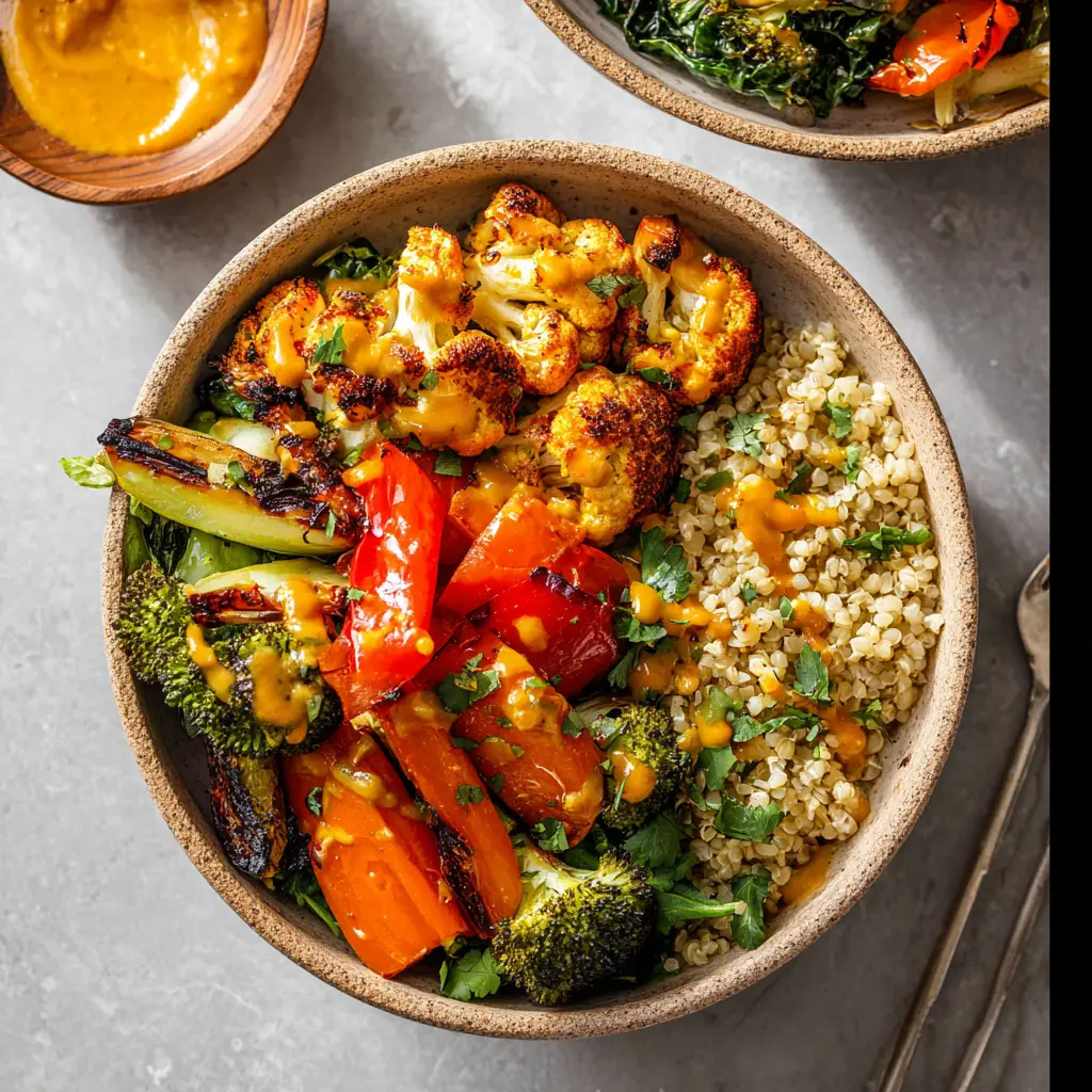 Turmeric Roasted Veggie Harvest Bowl recipe, served and ready to eat, easy homemade dish