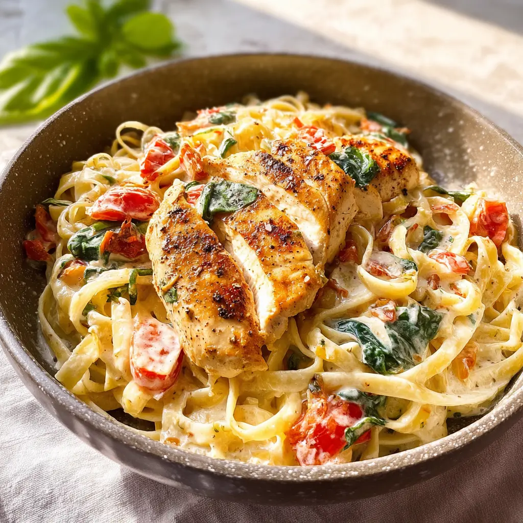 Tuscan Chicken Pasta recipe, served and ready to eat, easy homemade dinner