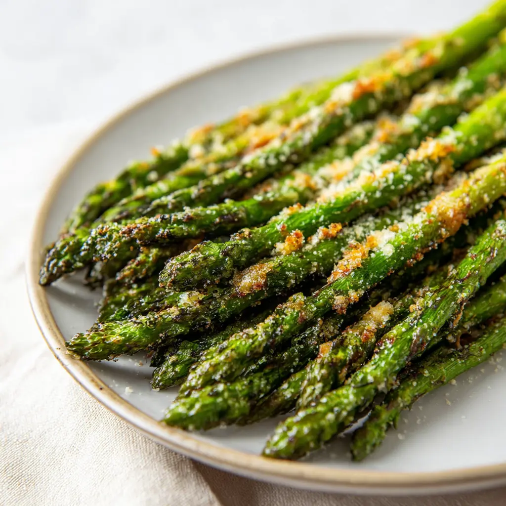 Air Fryer Asparagus Parmesan recipe, served and ready to eat, easy homemade dinner