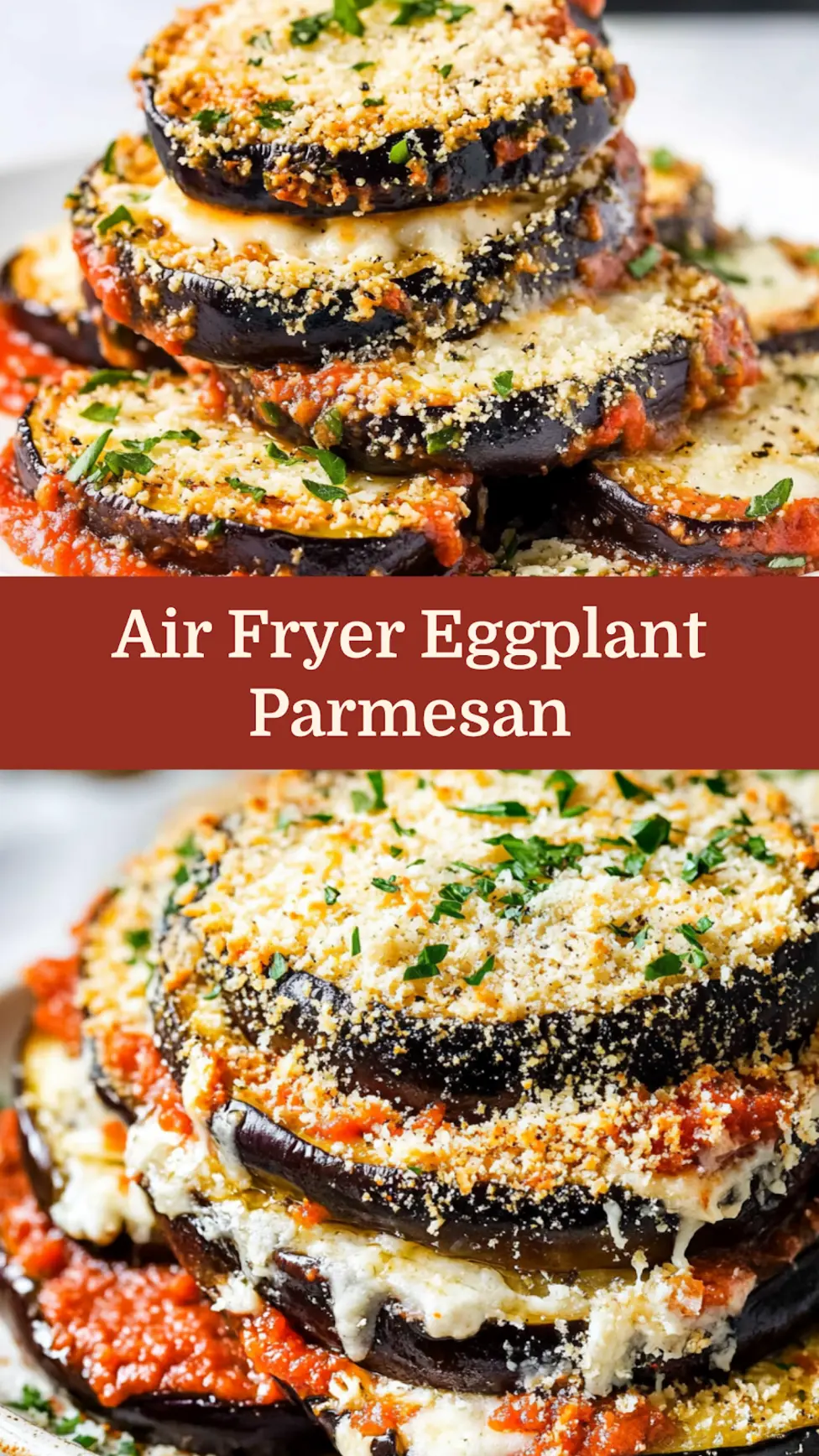 Air Fryer Eggplant Parmesan Cozy Crispy Weeknight Dinner 4 Air Fryer Eggplant Parmesan recipe, served and ready to eat, easy homemade dinner