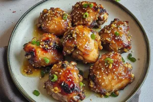 Air Fryer Honey Garlic Chicken Thighs Comforting Perfect Recipe Air Fryer Honey Garlic Chicken Thighs recipe, served and ready to eat, easy homemade dinner