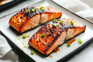 Air Fryer Honey Garlic Salmon recipe, served and ready to eat, easy homemade dinner