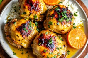 AIR FRYER ORANGE DIJON CHICKEN recipe, served and ready to eat, easy homemade dinner