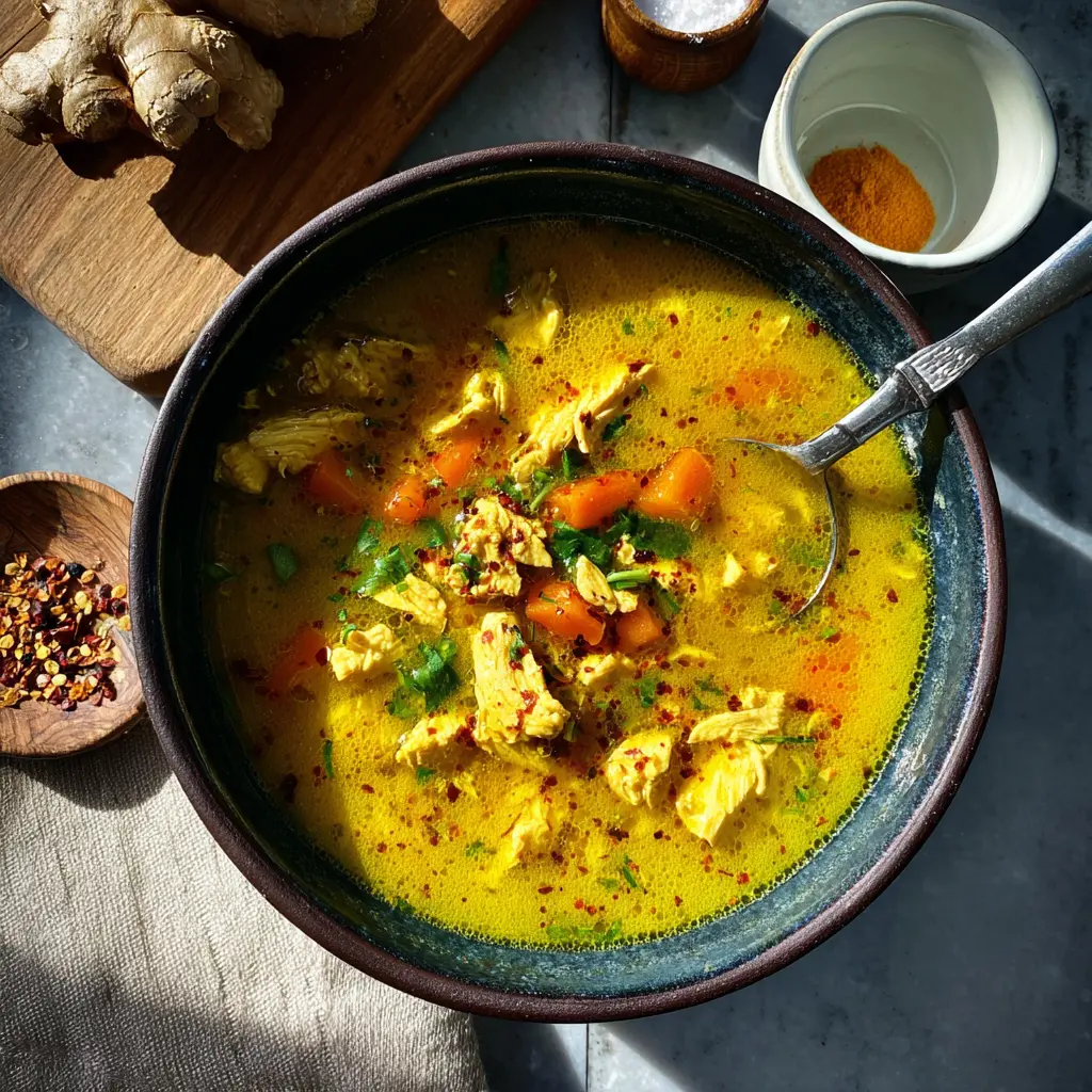 Anti Inflammatory Chicken Soup Turmeric Ginger recipe, served and ready to eat, easy homemade dinner