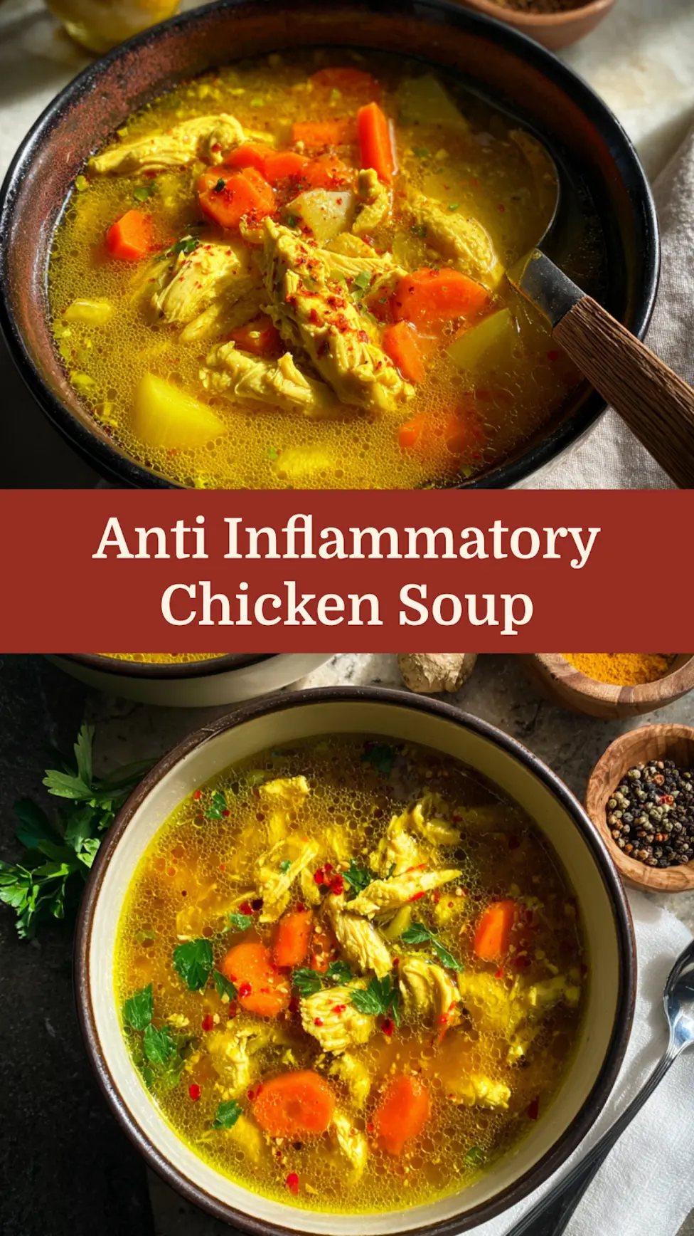 Anti Inflammatory Chicken Soup Turmeric Ginger recipe, served and ready to eat, easy homemade dinner