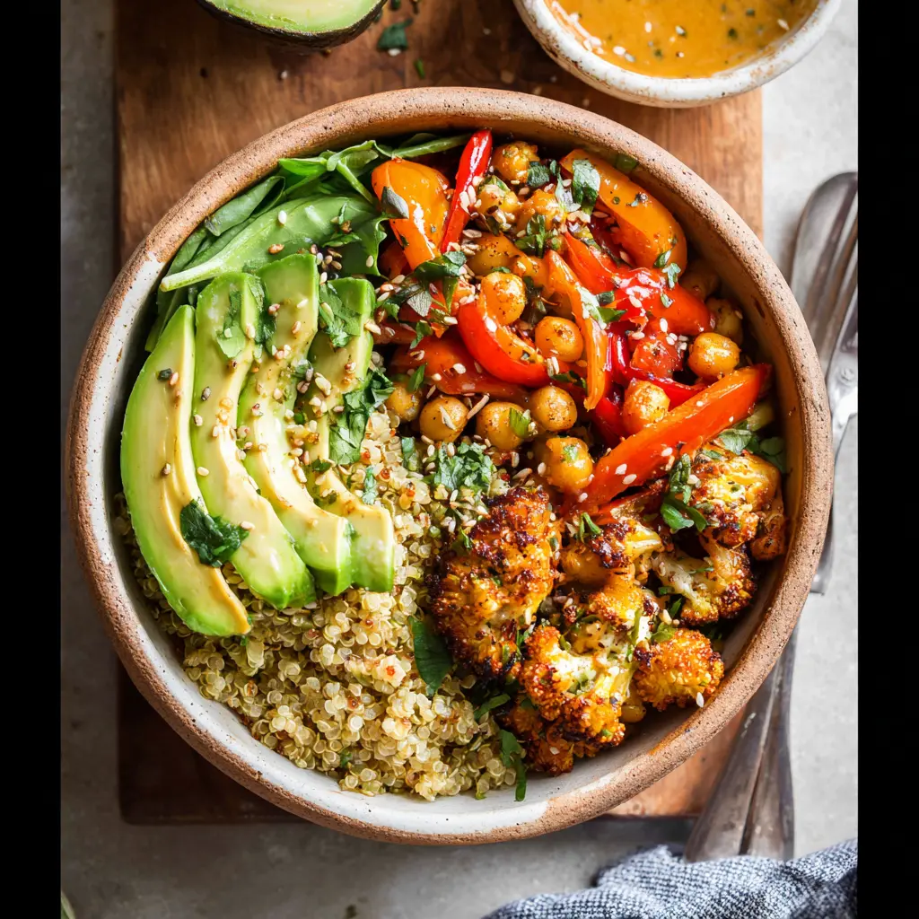 Anti-Inflammatory Glow Bowl with quinoa and chickpea, served and ready to eat