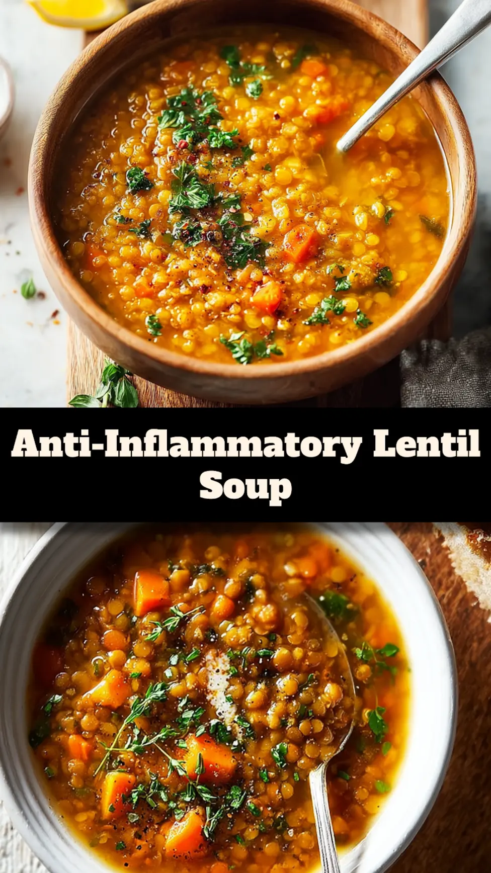 Anti-Inflammatory Lentil Soup recipe, served and ready to eat, easy homemade dinner