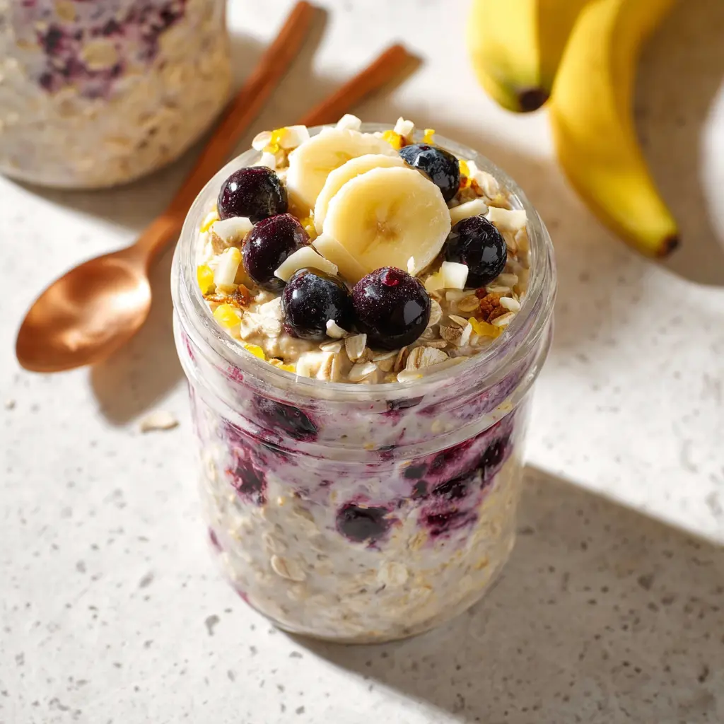 Anti-Inflammatory Overnight Oats with blueberries served in a mason jar, ready to eat