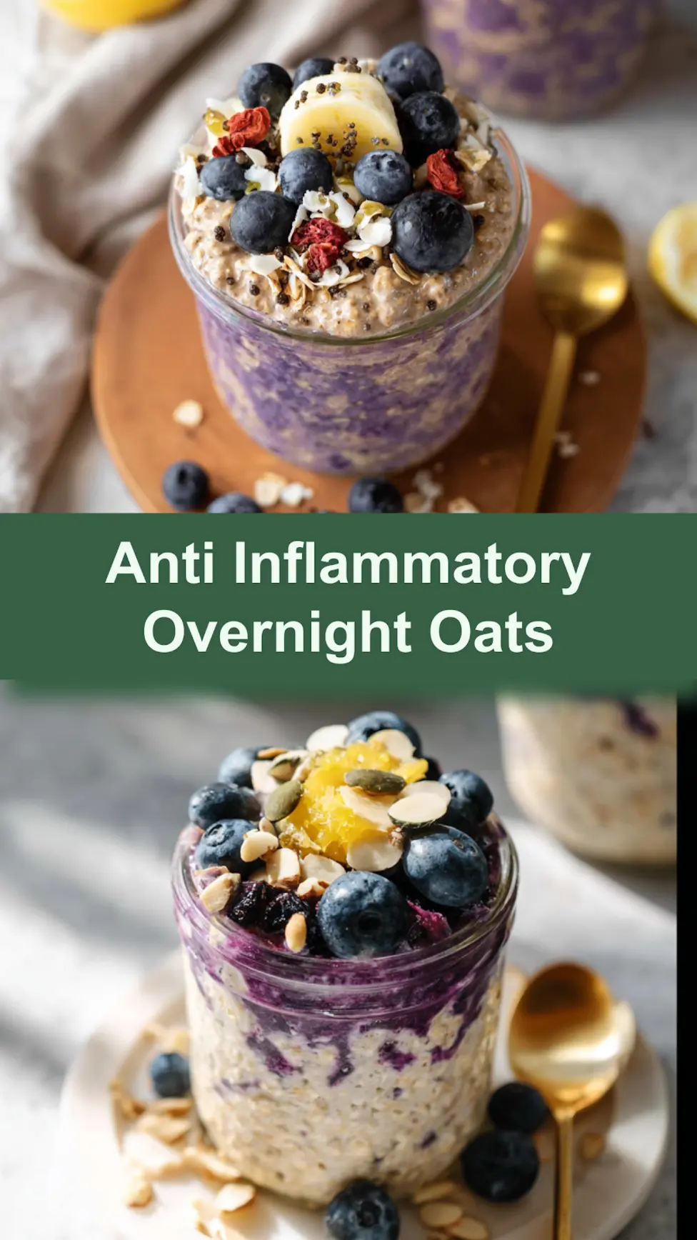 Anti-Inflammatory Overnight Oats with blueberries in a mason jar, a quick and easy no-cook breakfast