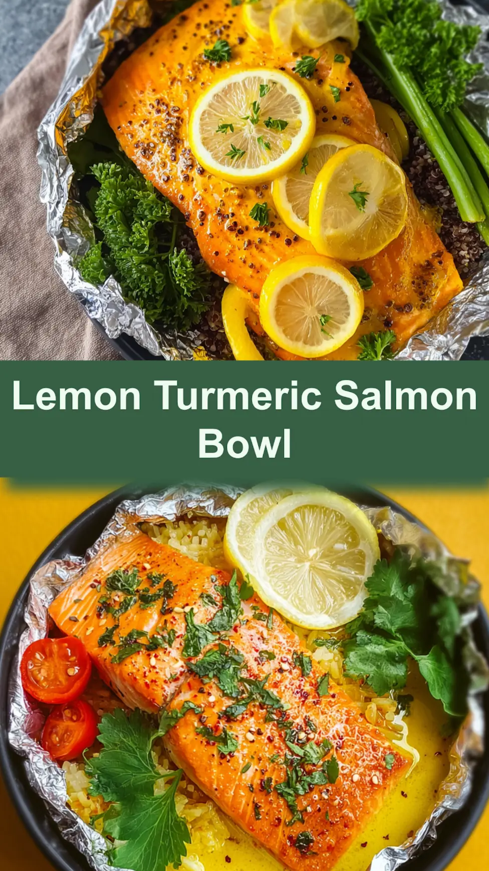 Anti-inflammatory salmon bowl with lemon turmeric, served and ready to eat  easy homemade recipe