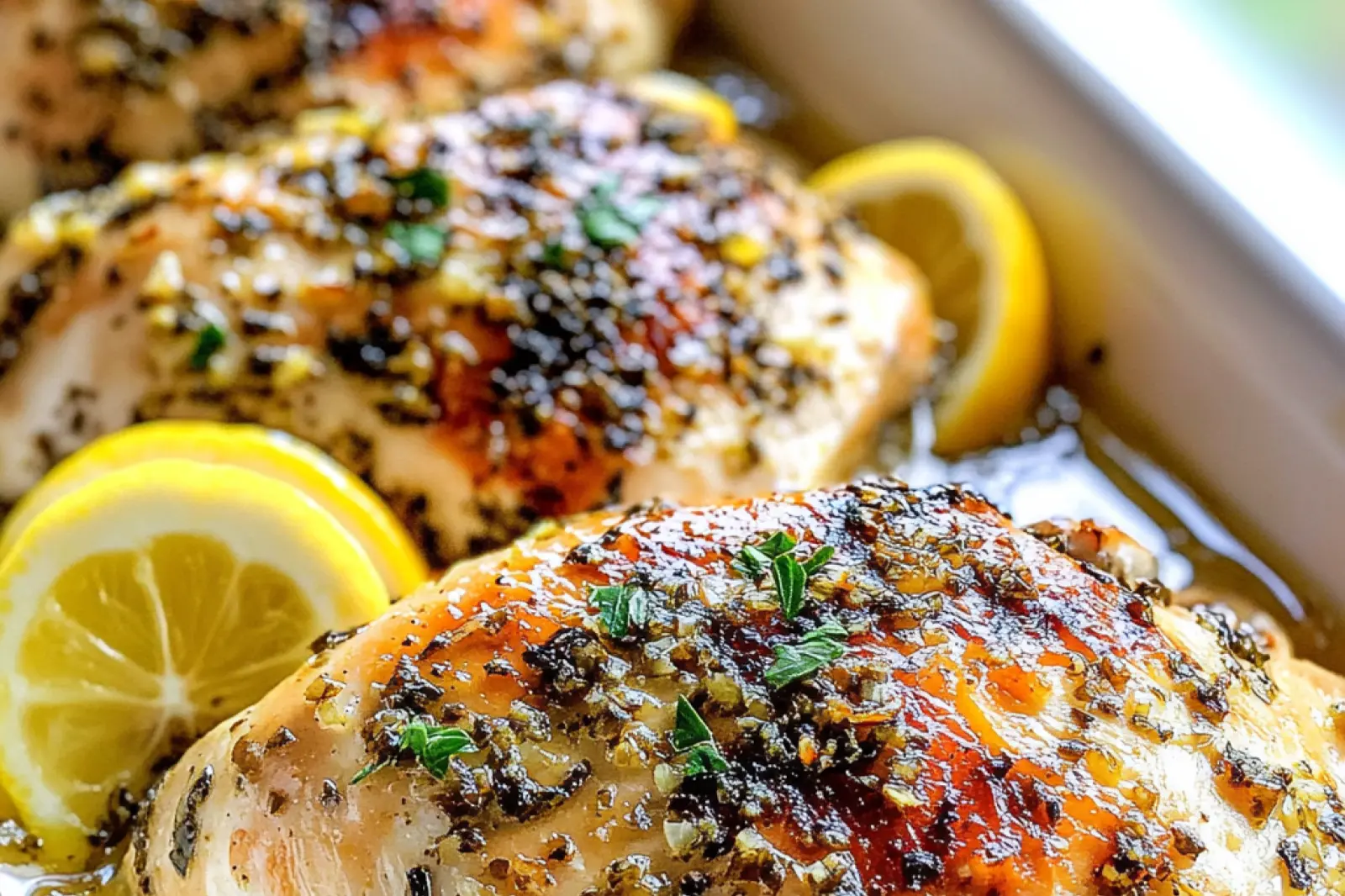 Baked Chicken Breast Lemon Garlic recipe, served and ready to eat, easy homemade dinner
