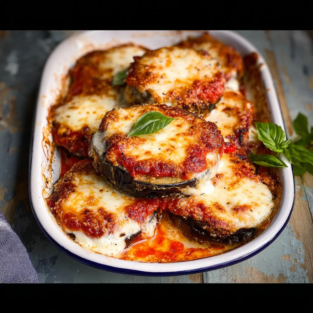 Baked eggplant parmesan served in a baking dish, golden and bubbling, easy homemade dinner