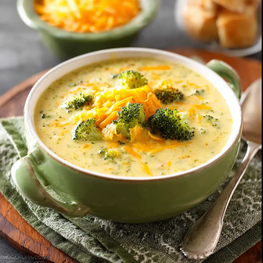 Broccoli Cheddar Soup recipe, served and ready to eat, easy homemade dinner